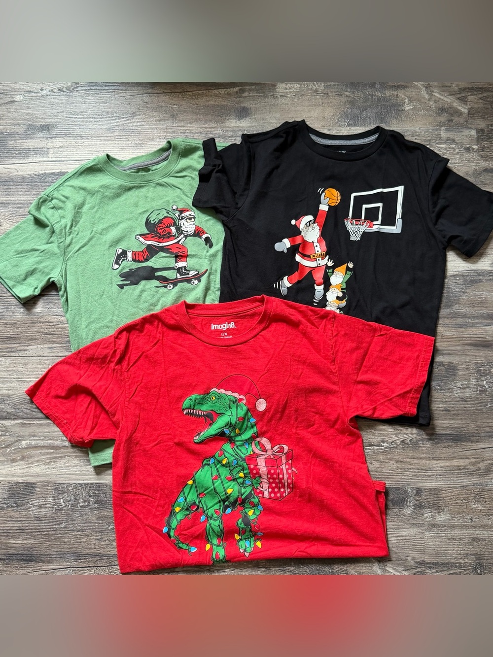 Lot of 3 fun Holiday theme graphic short‎ sleeve shirts boys L 10-12 Santa Dino